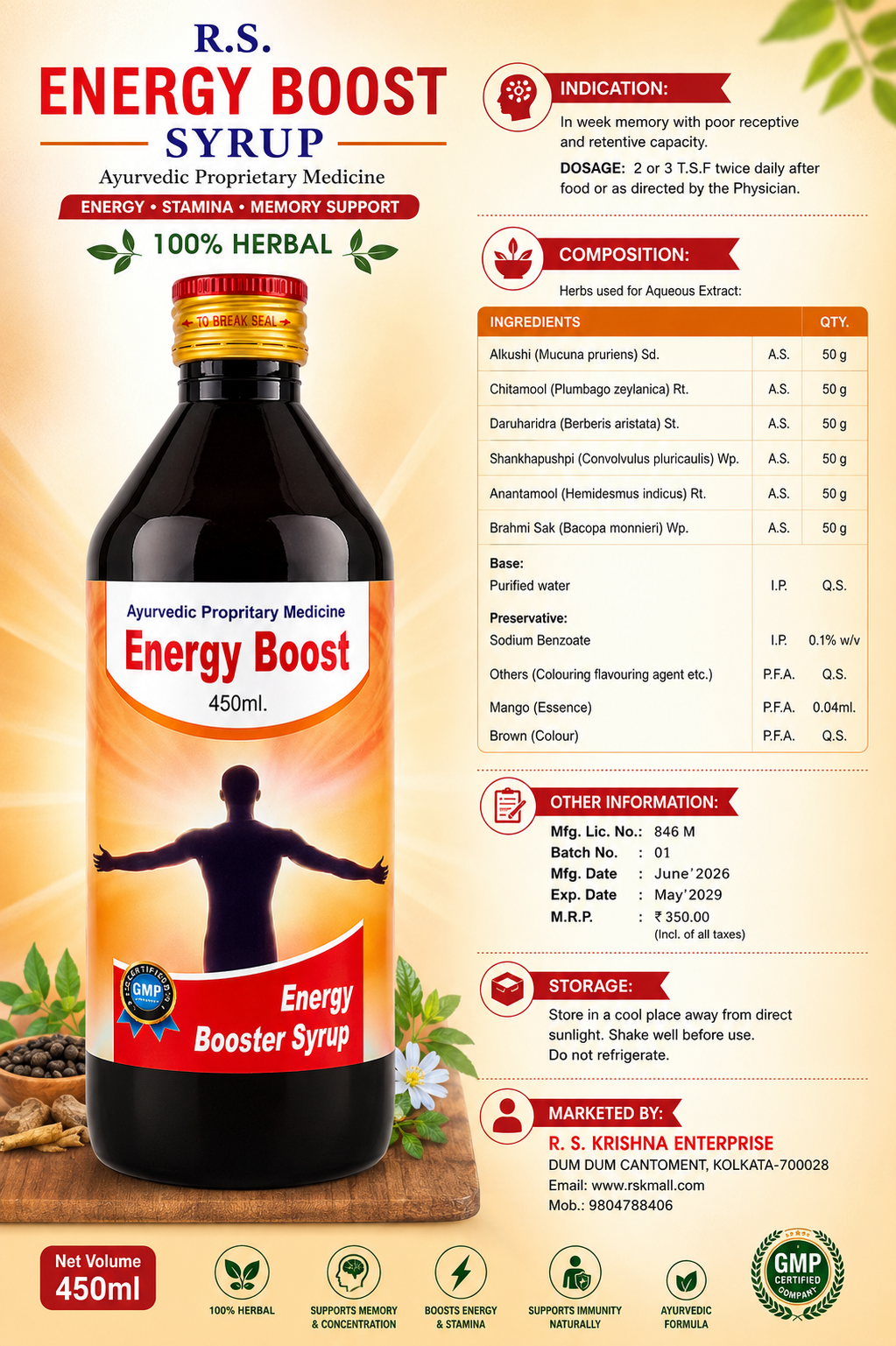R.S. Energy Boost Syrup | Ayurvedic Energy & Memory Support Formula | 680ml - Image 2